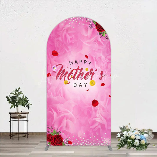 Lofaris Elegant Pink Rose Happy Mother’s Day Round Top Arch Backdrop Floral Pearl and Glitter Decor
