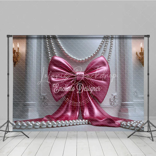 Lofaris Elegant Pink Satin Bow and Pearls Photography Backdrop White Ornate Wall with Gold Sconces for Birthday Party