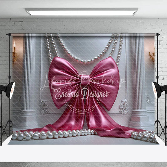 Lofaris Elegant Pink Satin Bow and Pearls Photography Backdrop White Ornate Wall with Gold Sconces for Birthday Party