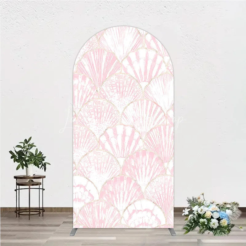 Lofaris Elegant Pink Scallop Shell Pattern Round Top Arch Backdrop with Golden Outline for Mermaid Theme Party Decor