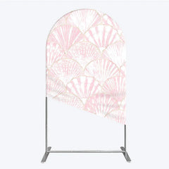 Lofaris Elegant Pink Scallop Shell Pattern Round Top Arch Backdrop with Golden Outline for Mermaid Theme Party Decor