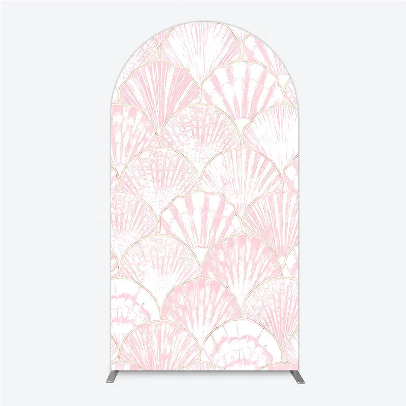 Lofaris Elegant Pink Scallop Shell Pattern Round Top Arch Backdrop with Golden Outline for Mermaid Theme Party Decor