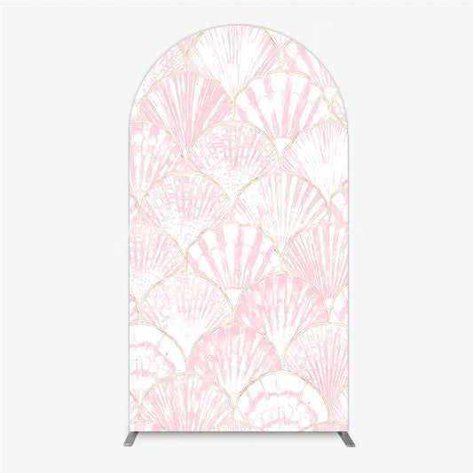 Lofaris Elegant Pink Scallop Shell Pattern Round Top Arch Backdrop with Golden Outline for Mermaid Theme Party Decor