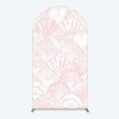 Lofaris Elegant Pink Scallop Shell Pattern Round Top Arch Backdrop with Golden Outline for Mermaid Theme Party Decor
