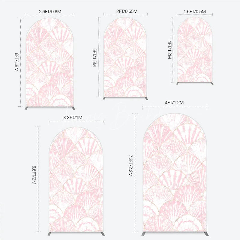 Lofaris Elegant Pink Scallop Shell Pattern Round Top Arch Backdrop with Golden Outline for Mermaid Theme Party Decor