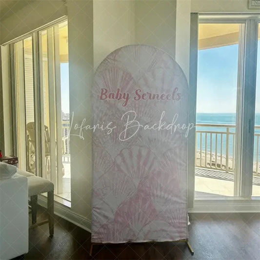 Lofaris Elegant Pink Scallop Shell Pattern Round Top Arch Backdrop with Golden Outline for Mermaid Theme Party Decor