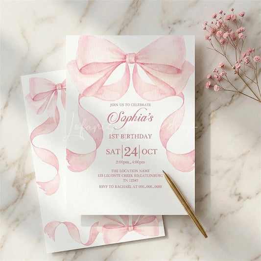 Lofaris Elegant Pink Set of 20 Watercolor Bow and Ribbon Custom Invitation First Birthday Party Celebration Decor