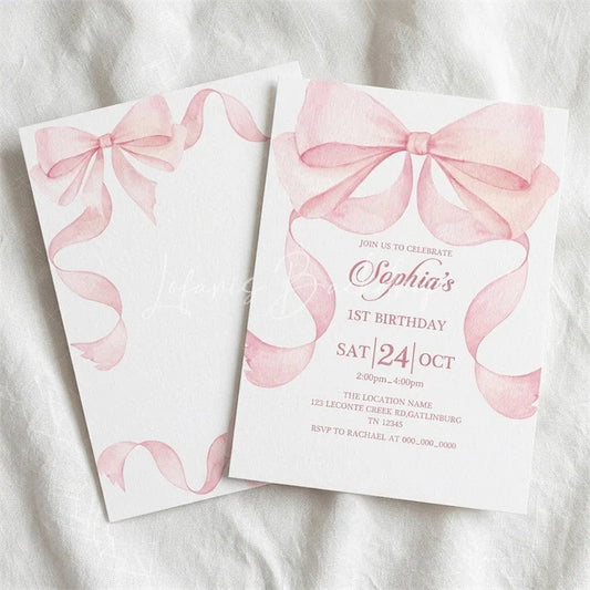 Lofaris Elegant Pink Set of 20 Watercolor Bow and Ribbon Custom Invitation First Birthday Party Celebration Decor