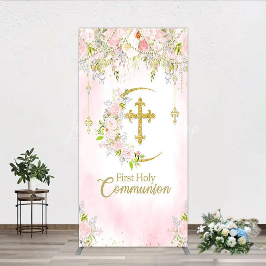 Lofaris Elegant Pink Watercolor First Holy Communion Rectangle Arch Backdrop with Gold Glitter Cross and Floral Wreath