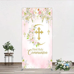 Lofaris Elegant Pink Watercolor First Holy Communion Rectangle Arch Backdrop with Gold Glitter Cross and Floral Wreath