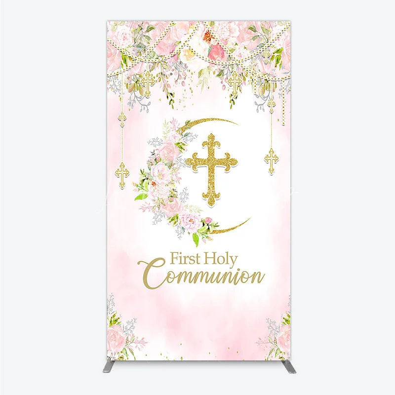 Lofaris Elegant Pink Watercolor First Holy Communion Rectangle Arch Backdrop with Gold Glitter Cross and Floral Wreath