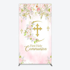 Lofaris Elegant Pink Watercolor First Holy Communion Rectangle Arch Backdrop with Gold Glitter Cross and Floral Wreath