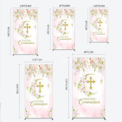 Lofaris Elegant Pink Watercolor First Holy Communion Rectangle Arch Backdrop with Gold Glitter Cross and Floral Wreath