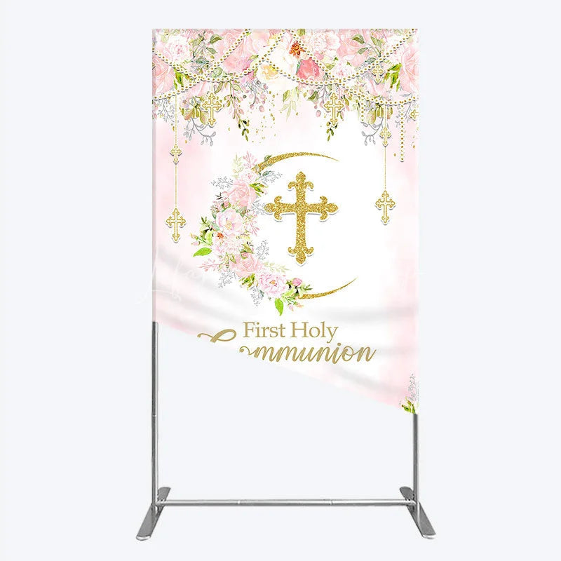 Lofaris Elegant Pink Watercolor First Holy Communion Rectangle Arch Backdrop with Gold Glitter Cross and Floral Wreath