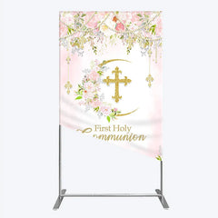 Lofaris Elegant Pink Watercolor First Holy Communion Rectangle Arch Backdrop with Gold Glitter Cross and Floral Wreath