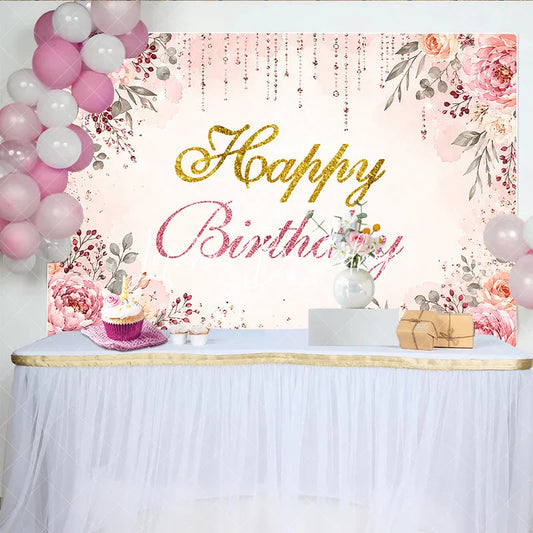 Lofaris Elegant Pink Watercolor Floral Happy Birthday Backdrop with Rose Gold Glitter Accents Festive Celebration Party Decor
