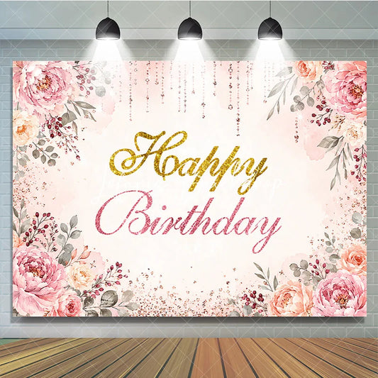 Lofaris Elegant Pink Watercolor Floral Happy Birthday Backdrop with Rose Gold Glitter Accents Festive Celebration Party Decor