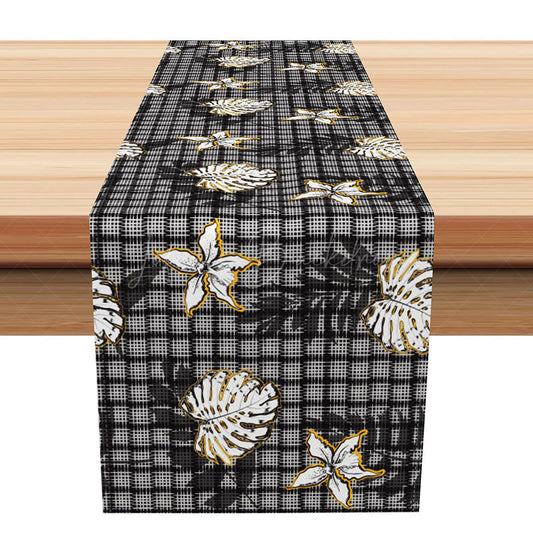 Lofaris Elegant Plaid Table Runner with Black and Gold Palm Leaves for Modern Glam Holiday Dining Decor