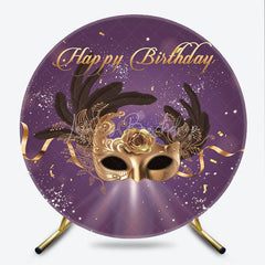 Lofaris Elegant Purple and Gold Masquerade Mask with Feather Rose Round Backdrop Happy Birthday Party Decor