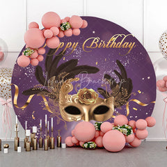 Lofaris Elegant Purple and Gold Masquerade Mask with Feather Rose Round Backdrop Happy Birthday Party Decor