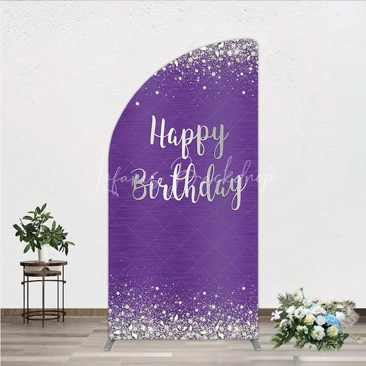 Lofaris Elegant Purple and Silver Glitter Happy Birthday Half Moon Arch Backdrop Sparkling Diamond Celebration Decor