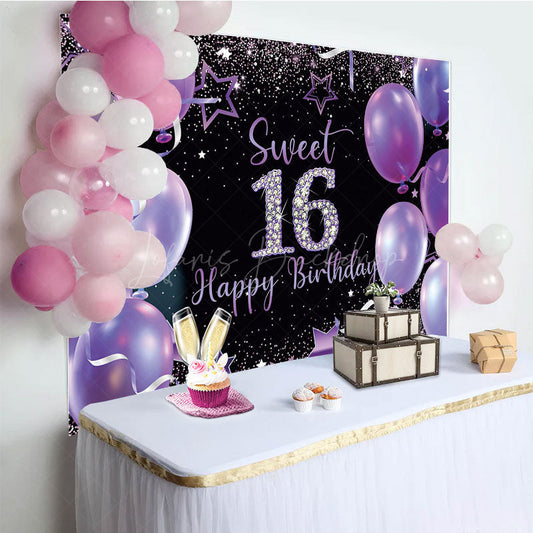 Lofaris Elegant Purple Balloon Sweet 16 Happy Birthday Backdrop