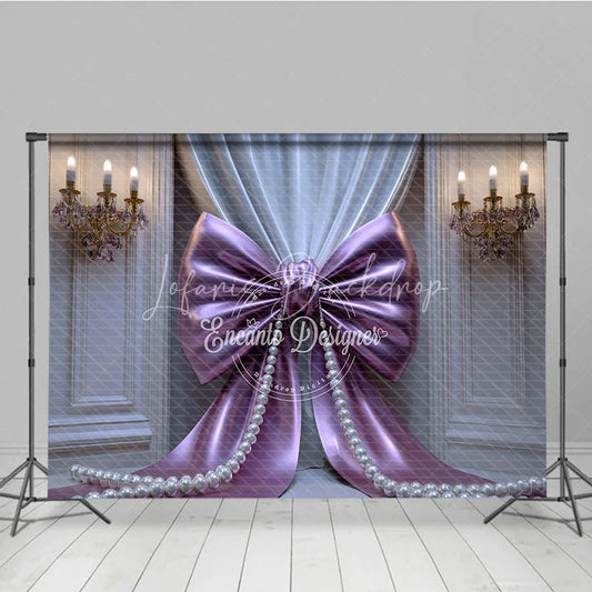 Lofaris Elegant Purple Bow and Pearl Photography Backdrop Pleated Curtains Gold Chandeliers for Celebrations