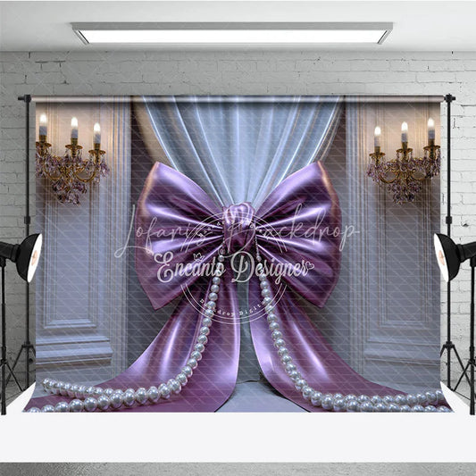 Lofaris Elegant Purple Bow and Pearl Photography Backdrop Pleated Curtains Gold Chandeliers for Celebrations
