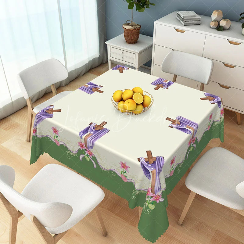 Lofaris Elegant Purple Draped Cross and Lily Rectangle Tablecloth Green Border Easter Religious Celebration Decor