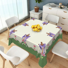 Lofaris Elegant Purple Draped Cross and Lily Rectangle Tablecloth Green Border Easter Religious Celebration Decor