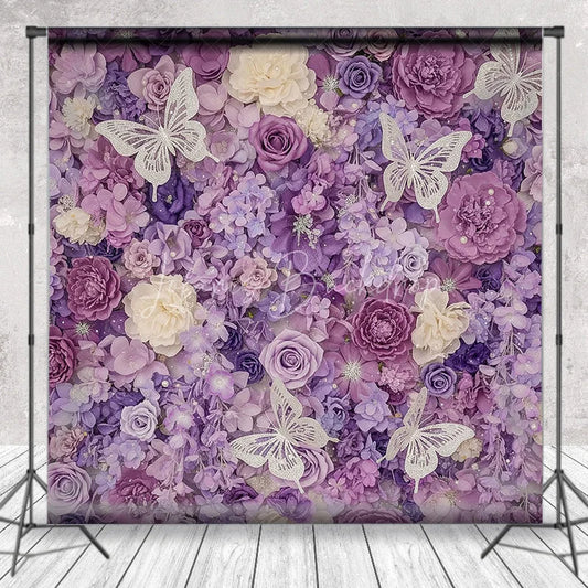 Lofaris Elegant Purple Floral Photography Backdrop with Glitter Butterflies Roses and Hydrangeas Party Decor