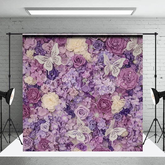 Lofaris Elegant Purple Floral Photography Backdrop with Glitter Butterflies Roses and Hydrangeas Party Decor
