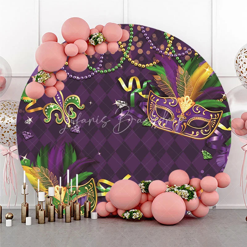 Lofaris Elegant Purple Green Gold Mardi Gras Masquerade Masks with Feather Beads Round Backdrop Festive Carnival Party Decor