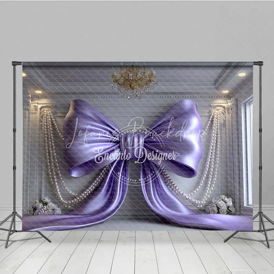 Lofaris Elegant Purple Satin Bow and Pearl Strings Photography Backdrop Luxurious Room with White Roses Party Decor