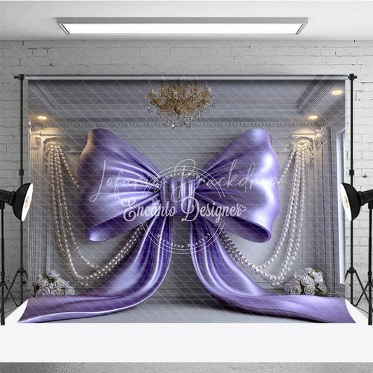 Lofaris Elegant Purple Satin Bow and Pearl Strings Photography Backdrop Luxurious Room with White Roses Party Decor