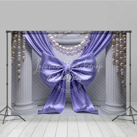 Lofaris Elegant Purple Satin Bow Drapes Photography Backdrop White Columns Pearl Gold Bead Strands Luxurious Party Decor