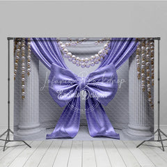 Lofaris Elegant Purple Satin Bow Drapes Photography Backdrop White Columns Pearl Gold Bead Strands Luxurious Party Decor