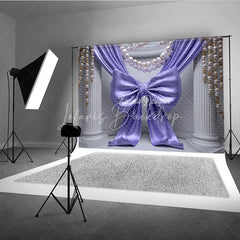 Lofaris Elegant Purple Satin Bow Drapes Photography Backdrop White Columns Pearl Gold Bead Strands Luxurious Party Decor