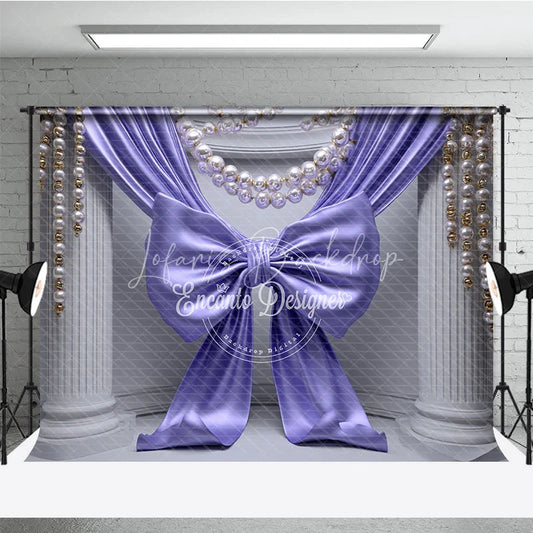 Lofaris Elegant Purple Satin Bow Drapes Photography Backdrop White Columns Pearl Gold Bead Strands Luxurious Party Decor