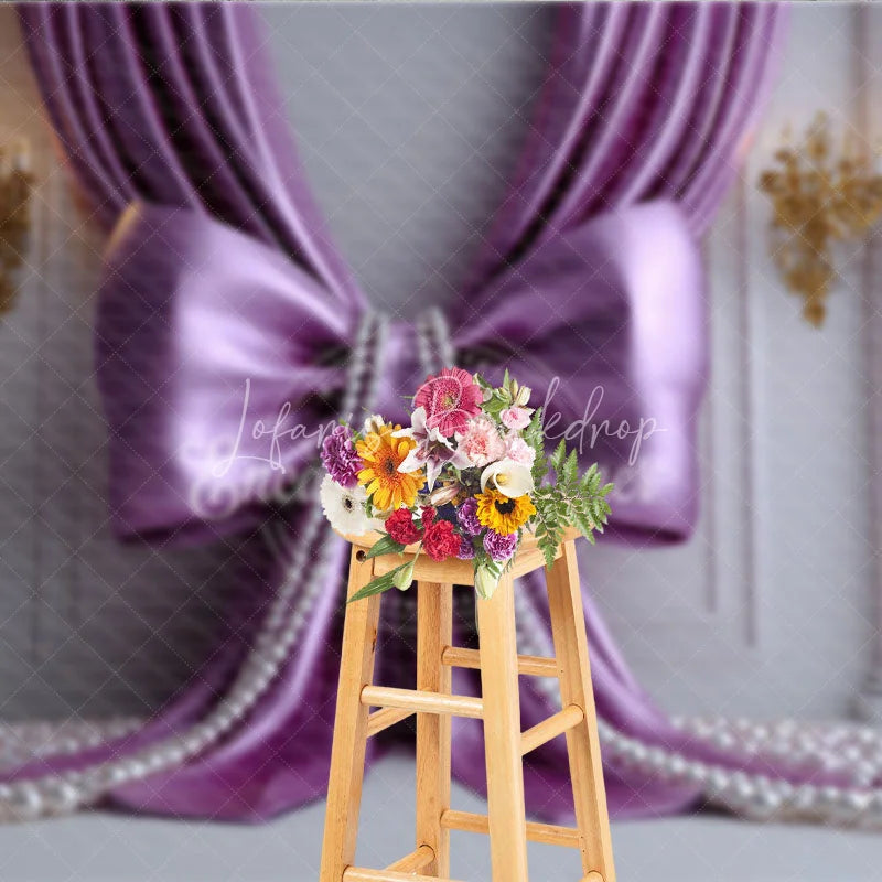 Lofaris Elegant Purple Satin Drapes Photography Backdrop with Gold Sconces and White Pearls Royal Princess Party Decor