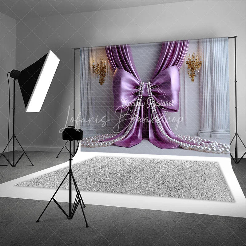 Lofaris Elegant Purple Satin Drapes Photography Backdrop with Gold Sconces and White Pearls Royal Princess Party Decor