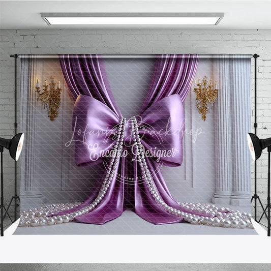 Lofaris Elegant Purple Satin Drapes Photography Backdrop with Gold Sconces and White Pearls Royal Princess Party Decor