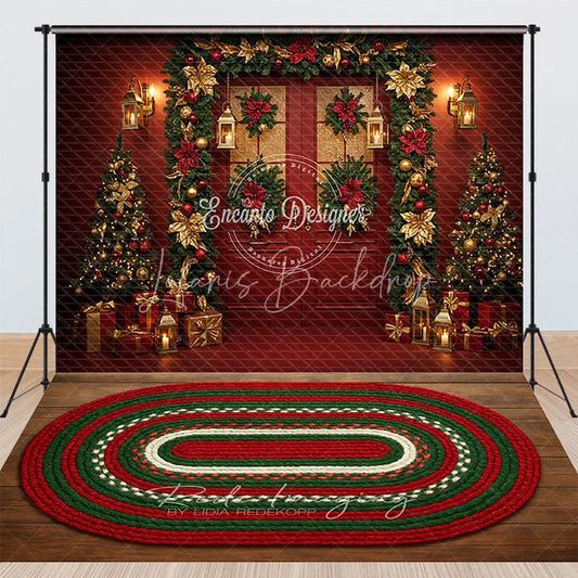 Lofaris Elegant Red and Gold Christmas Door Combo Set Backdrop Poinsettia Garland with Braided Rug Holiday Photo Floor