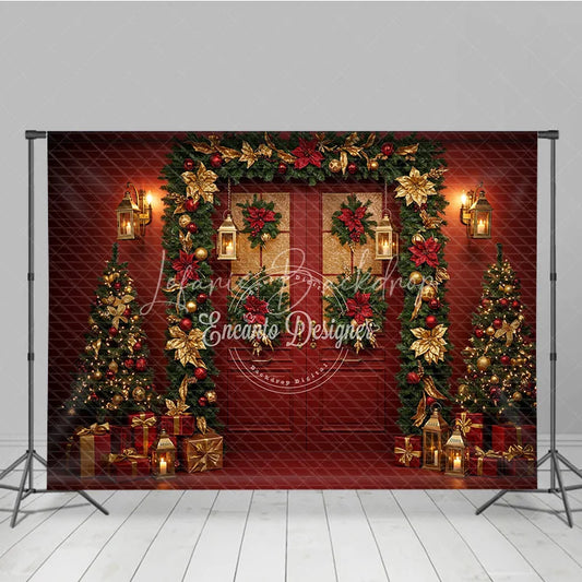 Lofaris Elegant Red and Gold Christmas Door Combo Set Backdrop Poinsettia Garland with Braided Rug Holiday Photo Floor