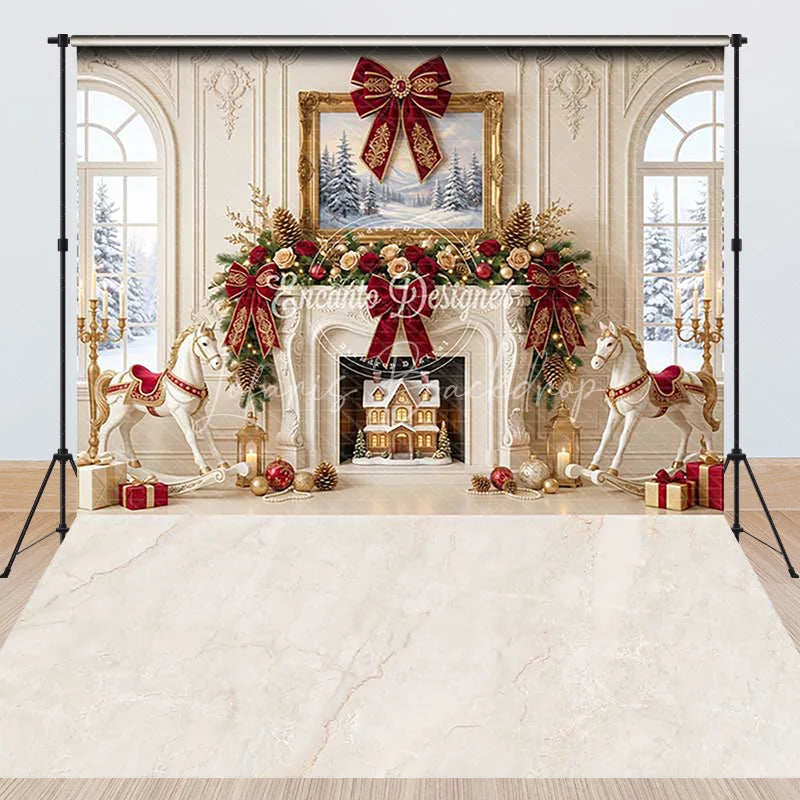 Lofaris Elegant Red and Gold Christmas Fireplace with Rocking Horse Combo Set Backdrop Winter Holiday Party Decor