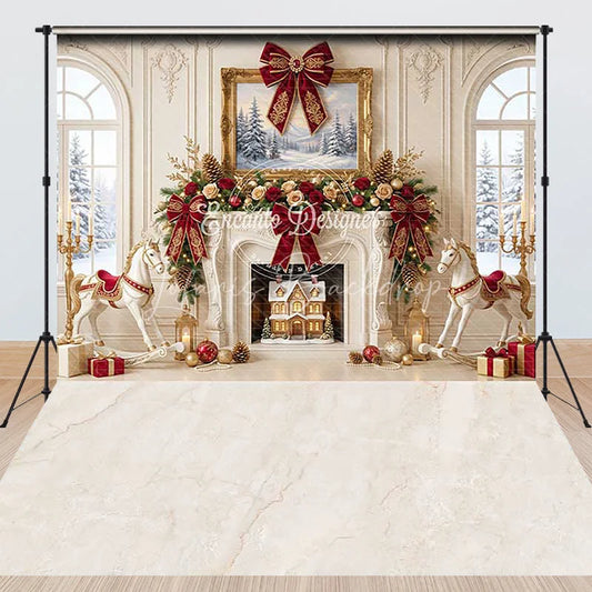 Lofaris Elegant Red and Gold Christmas Fireplace with Rocking Horse Combo Set Backdrop Winter Holiday Party Decor