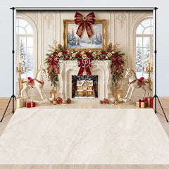 Lofaris Elegant Red and Gold Christmas Fireplace with Rocking Horse Combo Set Backdrop Winter Holiday Party Decor