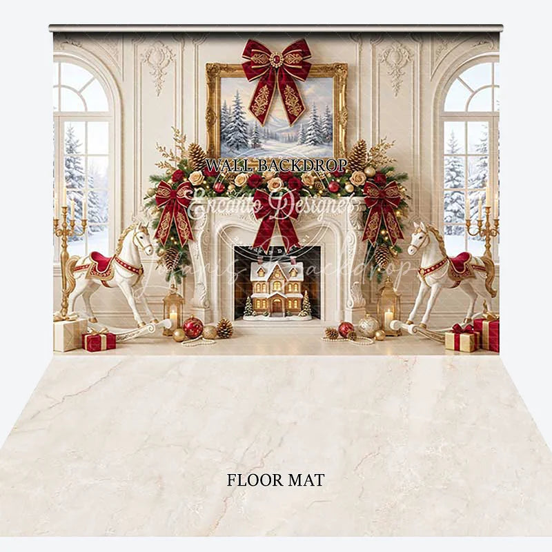 Lofaris Elegant Red and Gold Christmas Fireplace with Rocking Horse Combo Set Backdrop Winter Holiday Party Decor