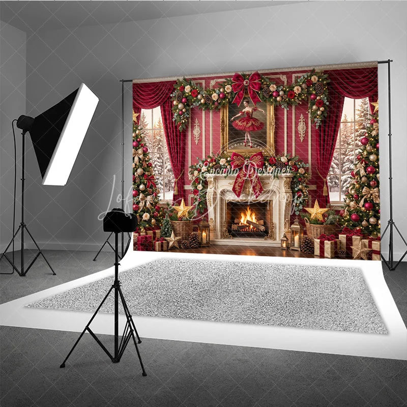 Lofaris Elegant Red and Gold Christmas Holiday Backdrop Fireplace Decorated Trees Ballerina Painting for Festive Parties