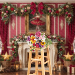 Lofaris Elegant Red and Gold Christmas Holiday Backdrop Fireplace Decorated Trees Ballerina Painting for Festive Parties